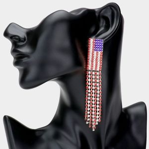 Silver Red Blue Fringe American Flag Rhinestone Crystal Dangle Earrings Jewelry
